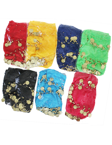 Foulard de danse orientale en mousseline blanche ornée de franges perlées et sequins or . 