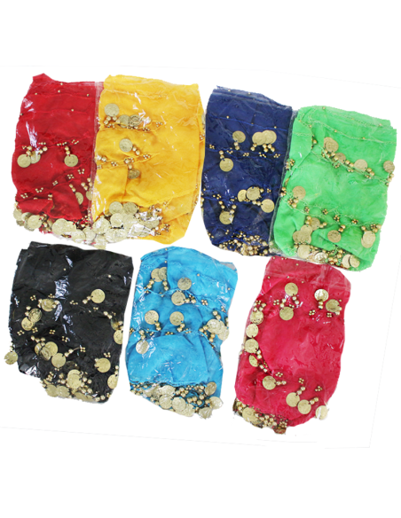 Foulard de danse orientale en mousseline blanche ornée de franges perlées et sequins or . 
